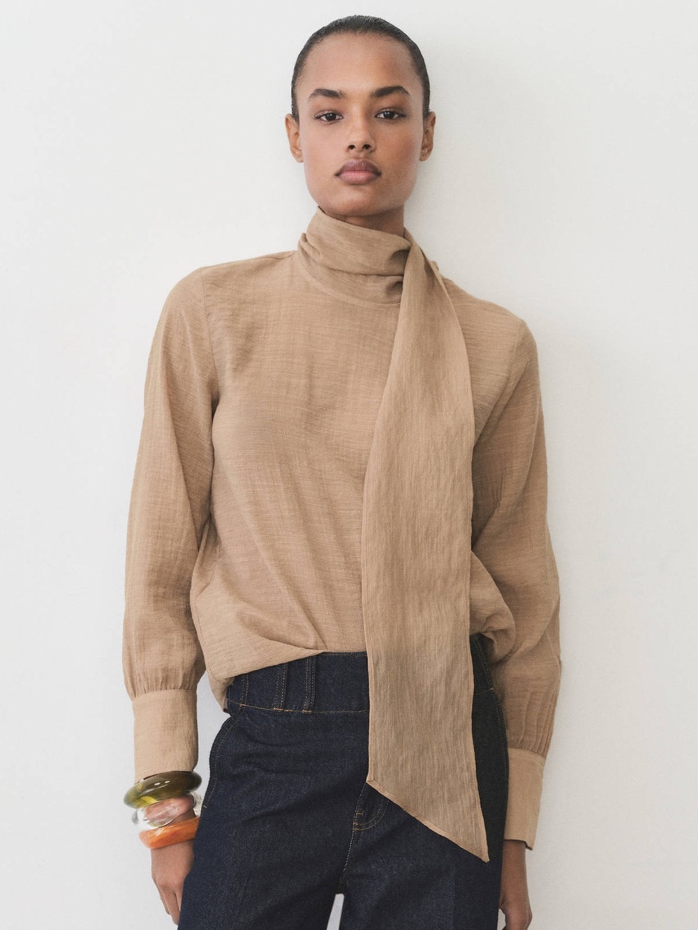 MNG Mango Textured High Neck Scarf Long Sleeve Blouse 8